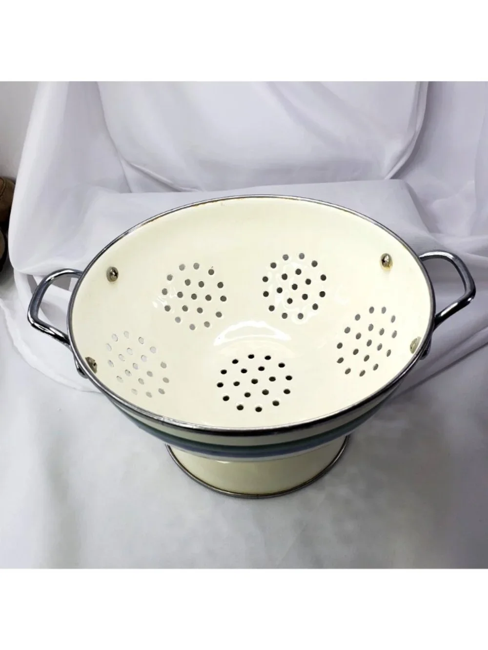 Vintage Pfaltzgraff Metal Enamel Colander Strainer Striped 9
